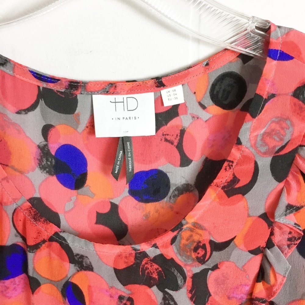 Anthropologie HD in Paris 100% Silk Ruffle Top Multicolor Dot Blouse sz US 4 - Picture 3 of 4